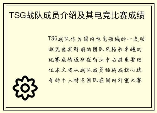 TSG战队成员介绍及其电竞比赛成绩