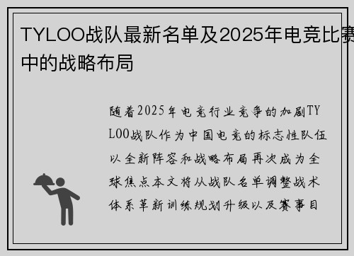 TYLOO战队最新名单及2025年电竞比赛中的战略布局