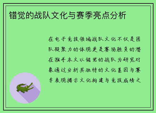 错觉的战队文化与赛季亮点分析